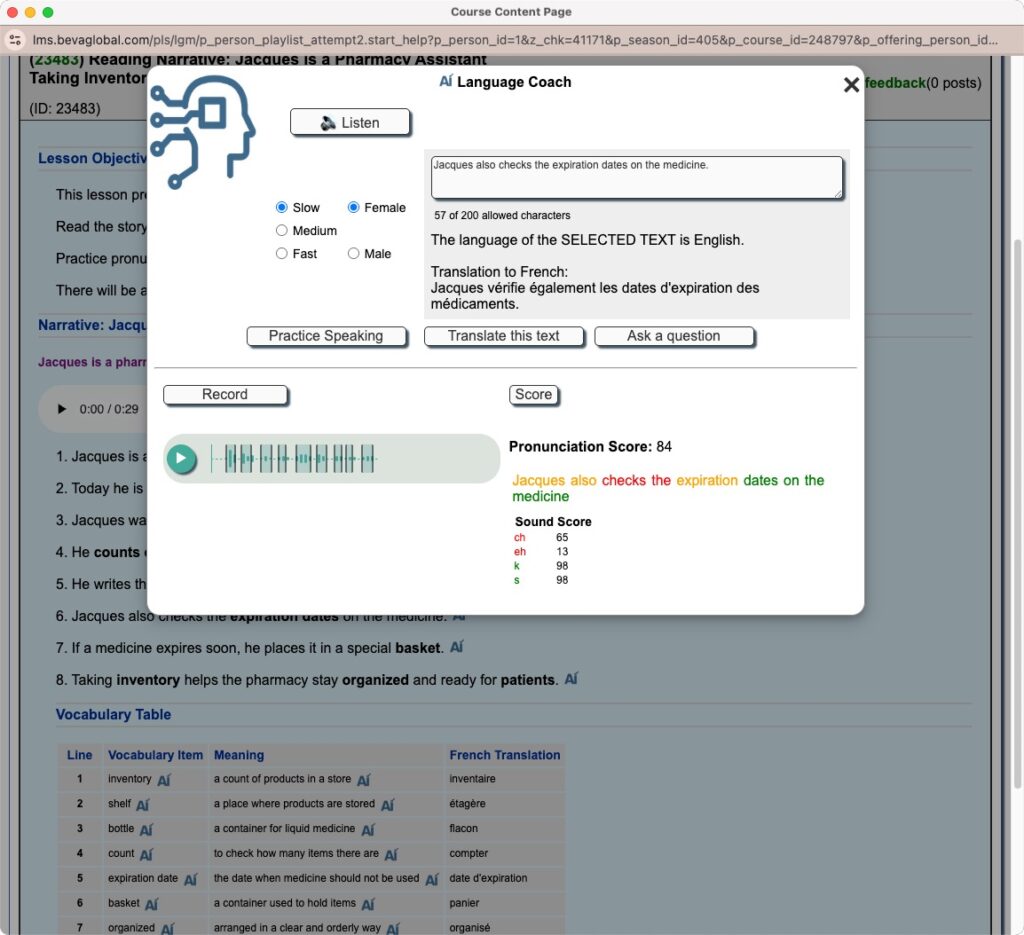 AI Language Coach showing a sentence, its French translation and a pronunciation score