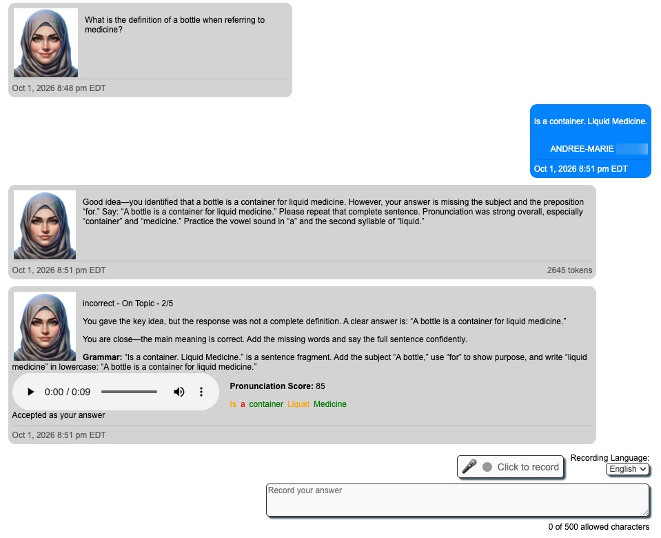 Spoken Answer Assessment showing a student answer with AI feedback and a pronunciation score